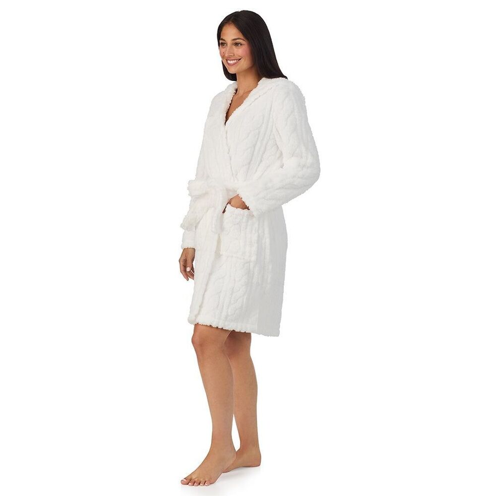 #962. Cuddl Duds Ivory Cable Jacquard Hooded Long-Sleeve Wrap Robe - Picture 4 of 5